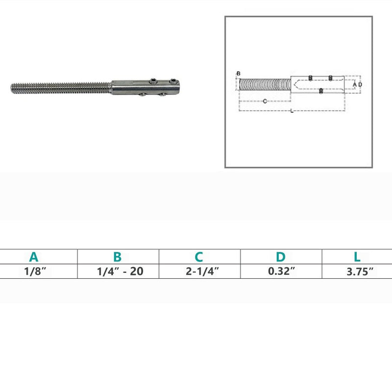 Marine Stainless Steel T316 1/4"-20 Set Screw Threaded Stud For 1/8" Cable Wire