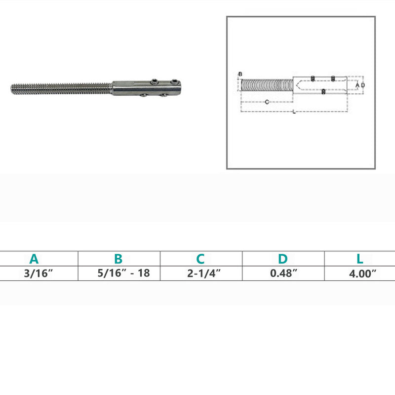 Marine Stainless Steel 5/16"-18 Set Screw Threaded Stud For 3/16" Cable Wire