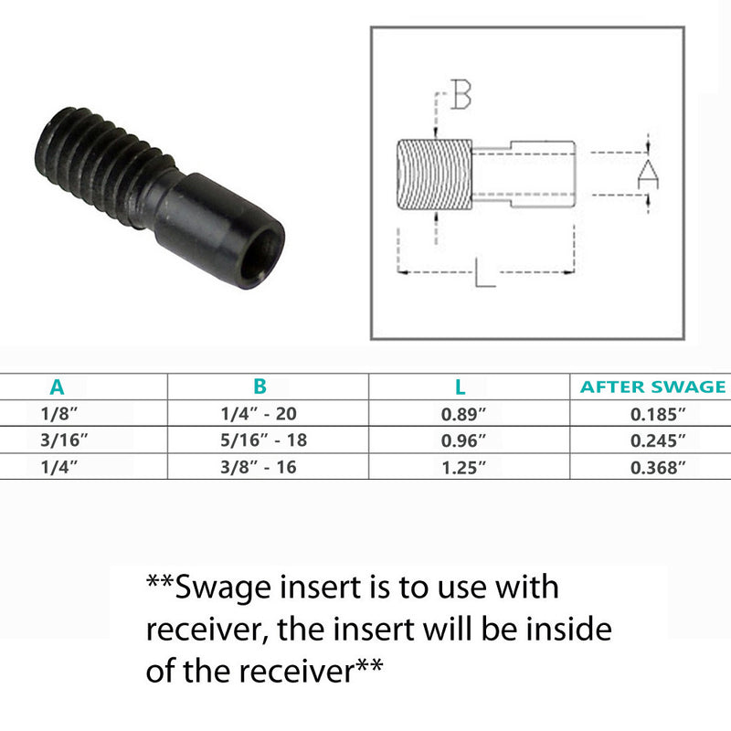 Stainless Steel T316 Black Oxide Swage Insert For 1/8", 3/16", 1/4" Cable Wire