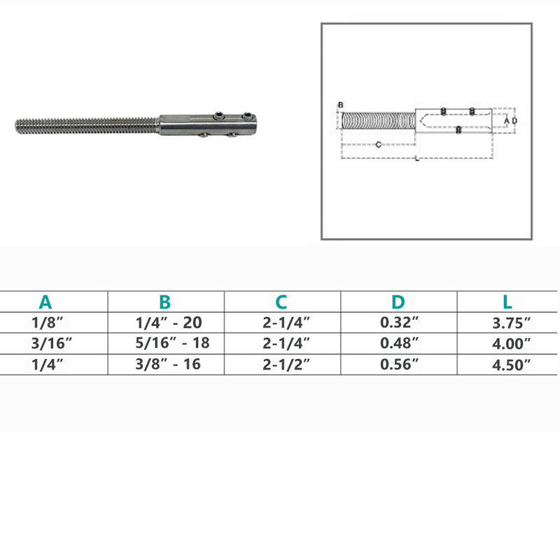 Stainless Steel T316 Set Screw Threaded Stud For 1/8", 3/16", 1/4" Cable Wire