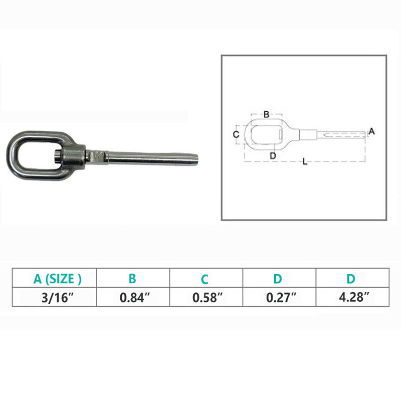 4 Pc Marine Stainless Steel T316 Swivel Gate Eye For 3/16" Cable Hand Swage Stud