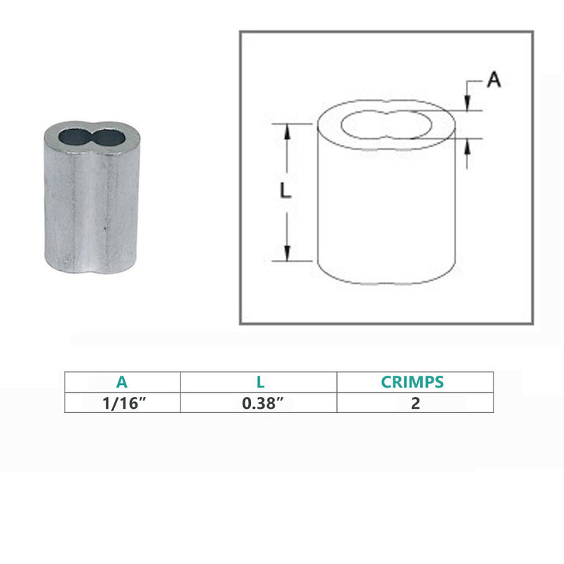 2 Pc 1/16" Aluminum Sleeve Wire Rope Swage Crimp Clip Duplex Oval Sleeves