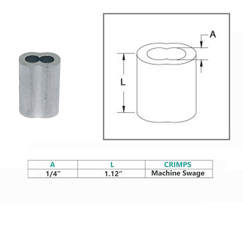 2 Pc 1/4" Aluminum Sleeve Wire Rope Swage Crimp Clip Duplex Oval Sleeves