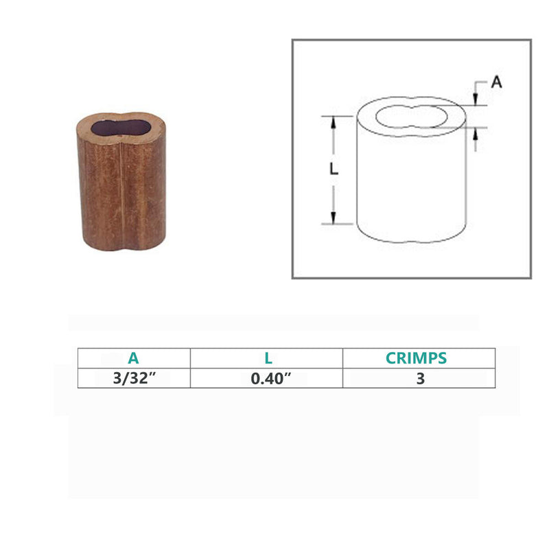 10Pc 3/32" Copper Sleeve Wire Rope Swage Crimp Crimping Clip Duplex Oval Sleeves