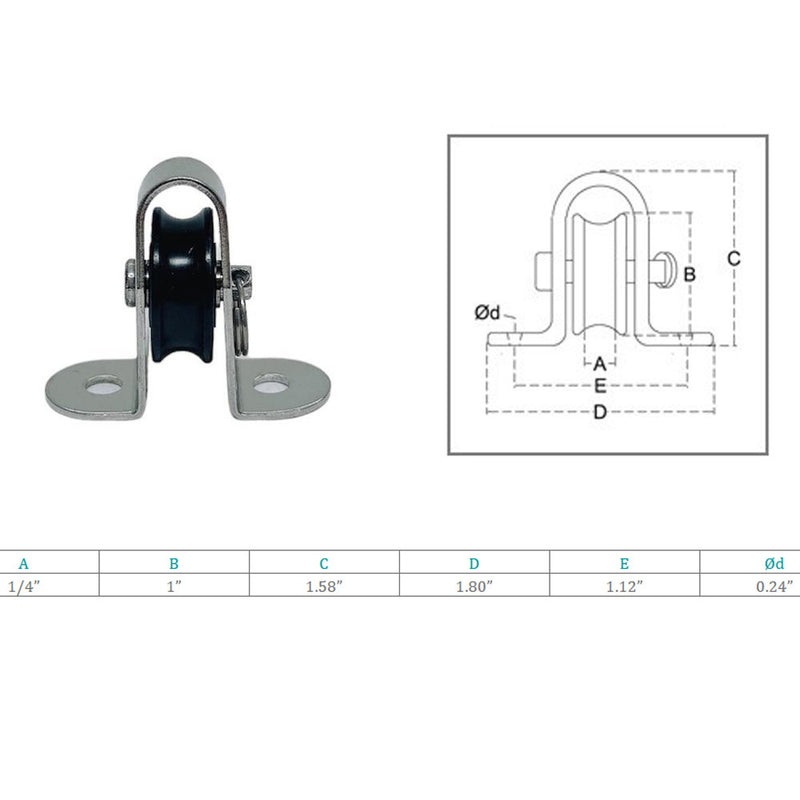 Marine Boat Stainless Steel T304 1/4" Surface Mount Pulley Block Nylon Sheave
