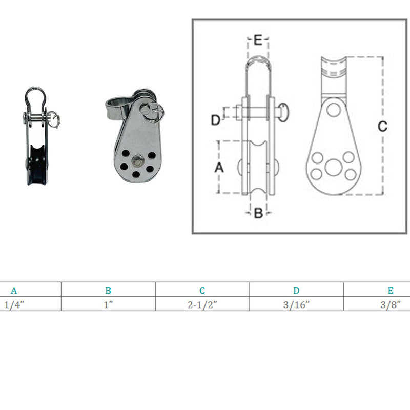 Marine Stainless Steel 1/4" Pulley Block Removable Pin & Toggle Nylon Sheave