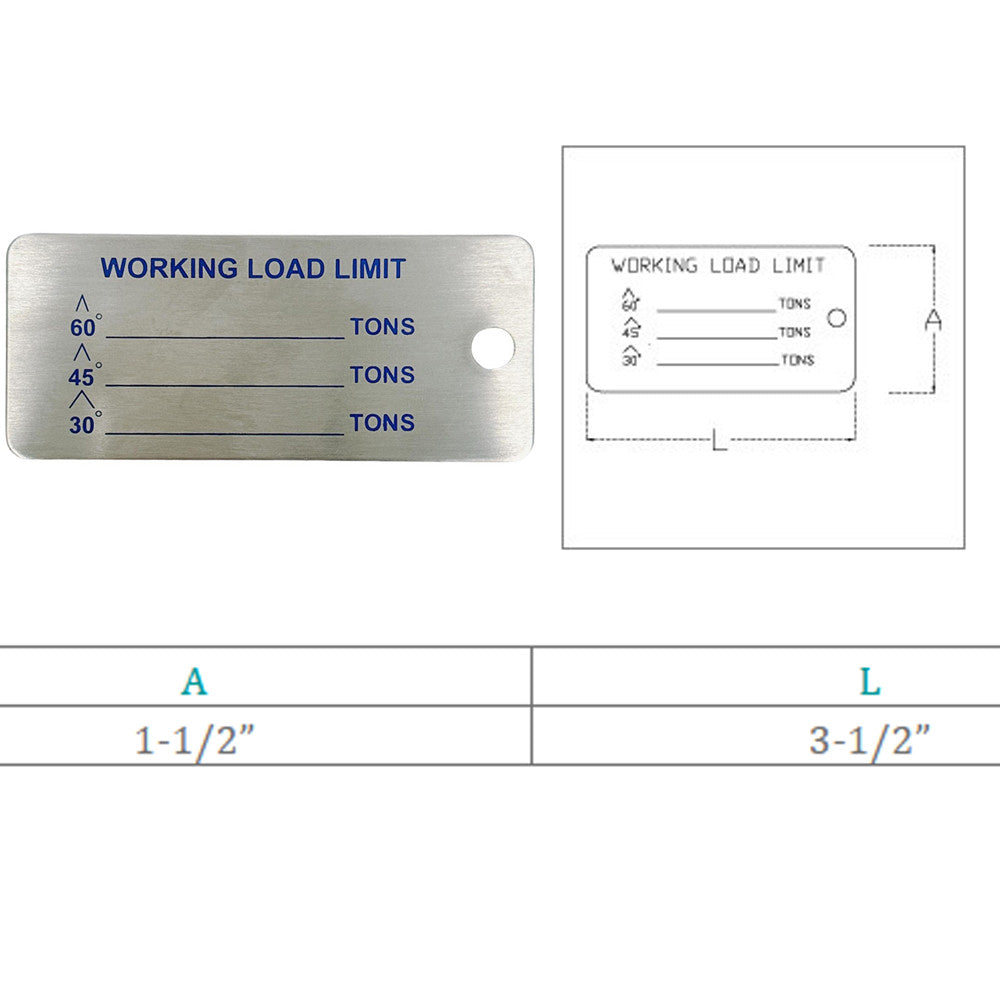 Marine Stainless Steel 3-1/2" x 1-1/2" Sling Tag WLL Working Load Limit Tag