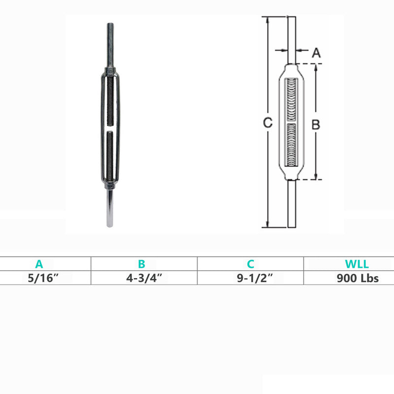Marine Boat Stainless Steel 5/16" x 3-5/8" Stub End Turnbuckle WLL 900 Lbs