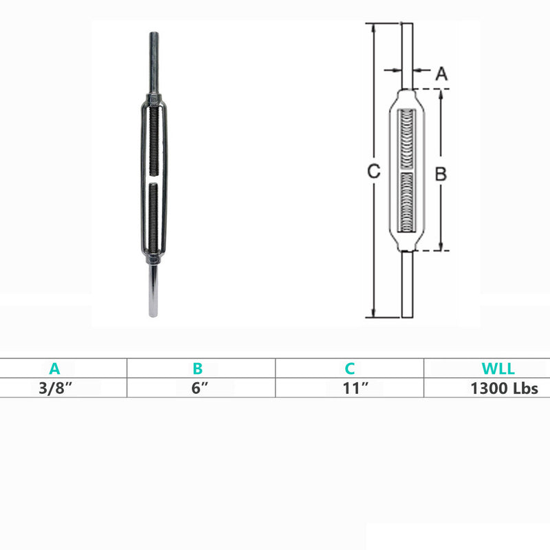 Marine Boat Stainless Steel 3/8" x 4-7/8" Stub End Turnbuckle WLL 1,300 Lbs
