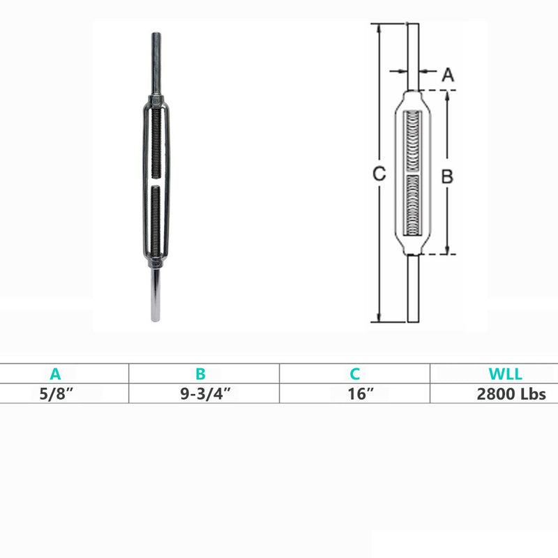 Marine Boat Stainless Steel 5/8" x 8-1/4" Stub End Turnbuckle WLL 2,800 Lbs
