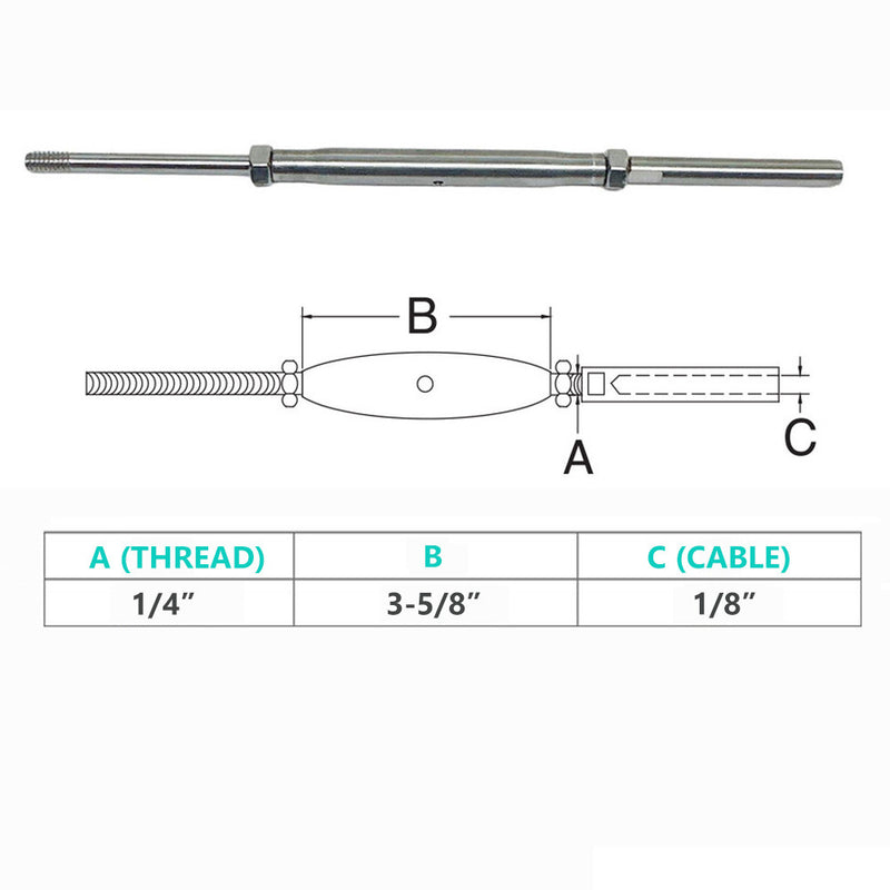 4Pc Marine Stainless Steel 1/4" Threaded Rod & Swage Stud Turnbuckle 1/8" Cable