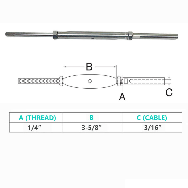 4 Pc Stainless Steel 1/4" Threaded Rod & Swage Stud Turnbuckle 3/16" Cable