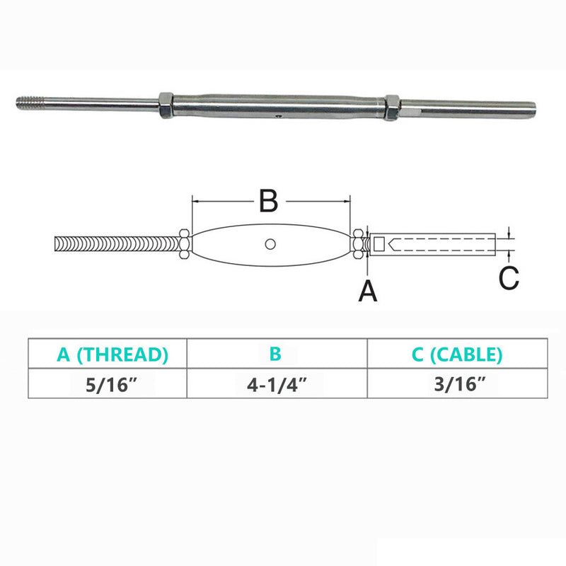 4 Pc Stainless Steel 5/16" Threaded Rod & Swage Stud Turnbuckle 3/16" Cable