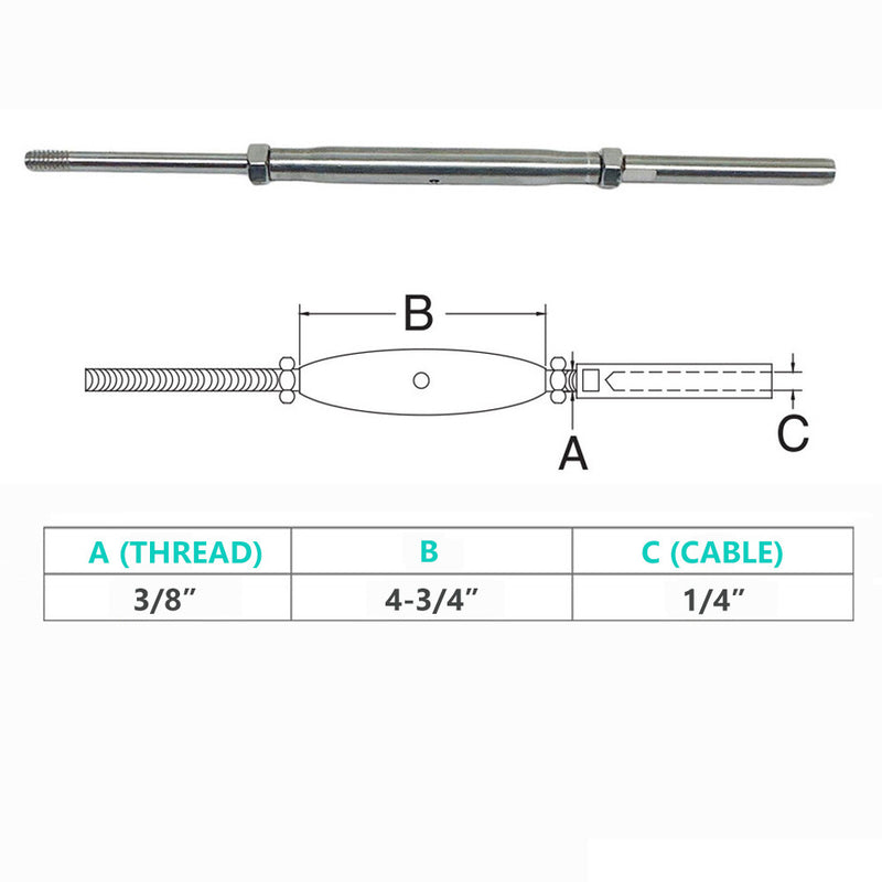 4 Pc Marine Stainless Steel 3/8" Threaded Rod & Swage Stud Turnbuckle 1/4" Cable