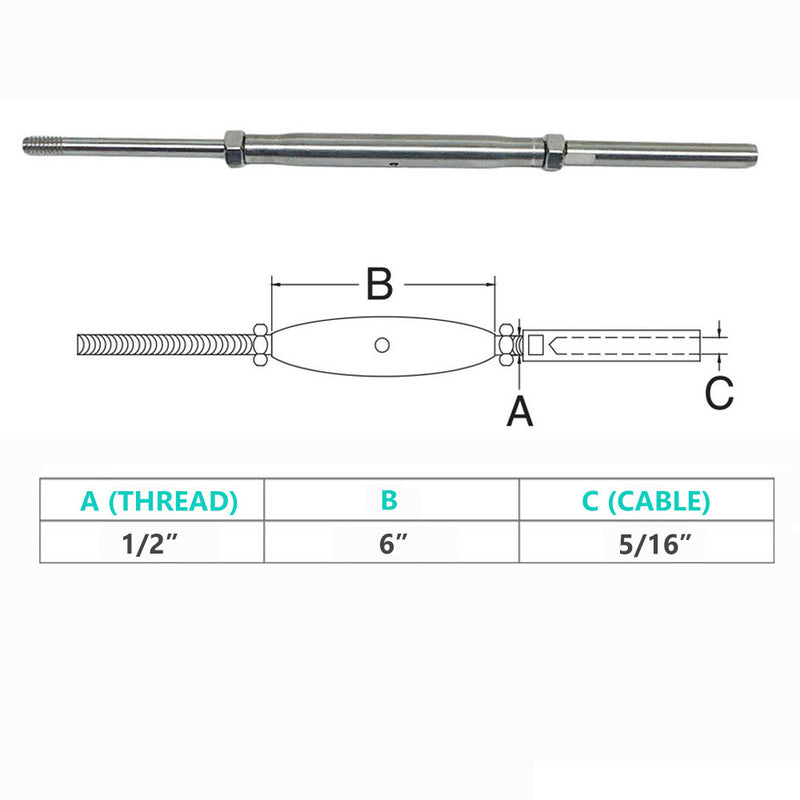 4Pc Marine Stainless Steel 1/2" Threaded Rod & Swage Stud Turnbuckle 5/16" Cable