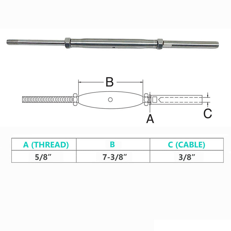 Marine Stainless Steel 5/8" Threaded Rod & Swage Stud Turnbuckle 3/8" Cable