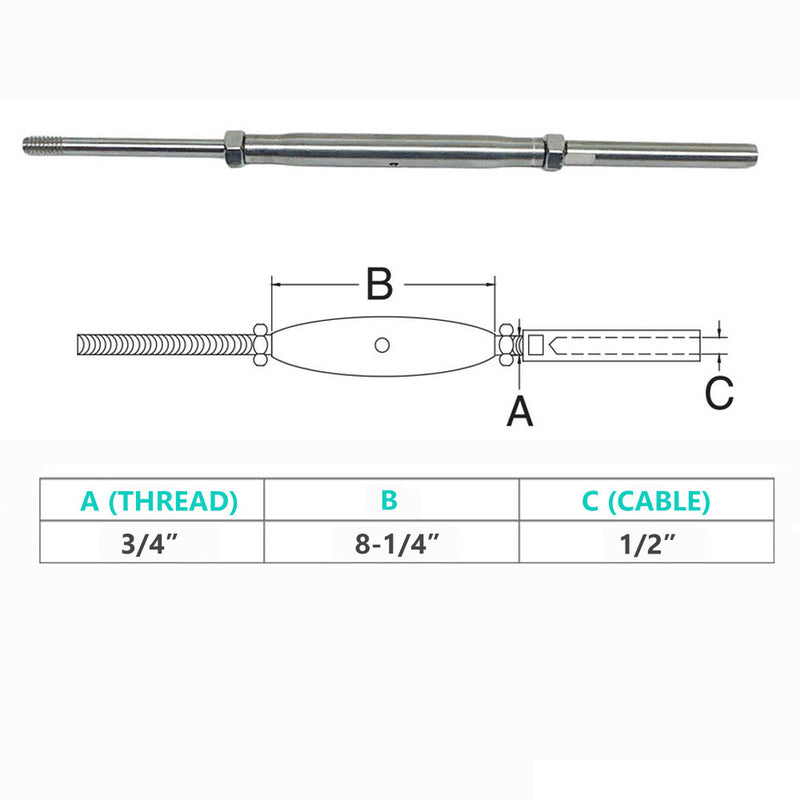 4 Pc Marine Stainless Steel 3/4" Threaded Rod & Swage Stud Turnbuckle 1/2" Cable