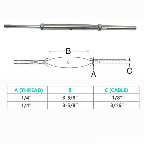 Stainless Steel 1/4" Thread Rod HAND SWAGE Stud Turnbuckle for 1/8", 3/16" Cable
