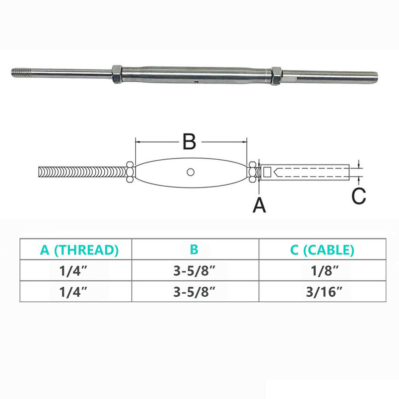 Stainless Steel 1/4" Thread Rod HAND SWAGE Stud Turnbuckle for 1/8", 3/16" Cable