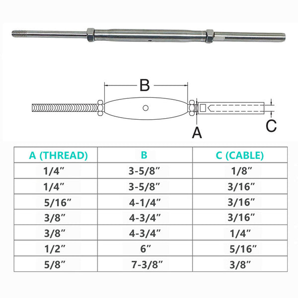 Marine Stainless Steel T316 Threaded Rod & Swage Stud Turnbuckle