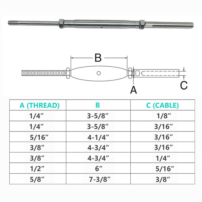 Marine Stainless Steel T316 Threaded Rod & Swage Stud Turnbuckle