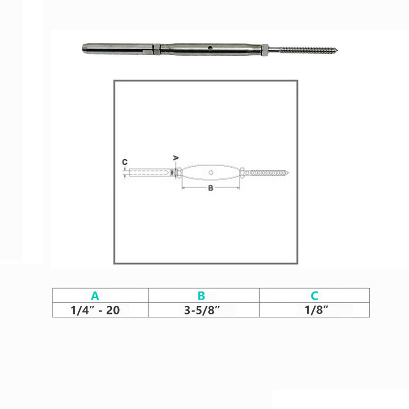 4 Pc Marine Stainless Steel 1/4" Threaded Lag & Swage Stud Turnbuckle 1/8" Cable