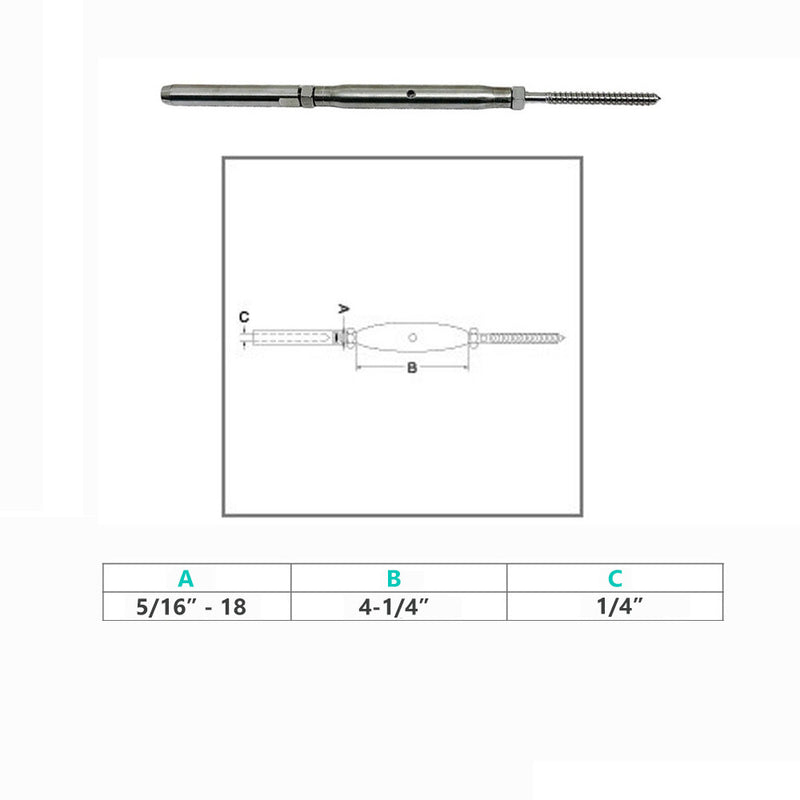 Marine Stainless Steel 5/16" Threaded Lag & Swage Stud Turnbuckle 1/4" Cable