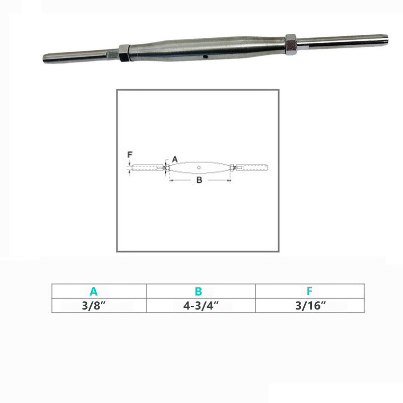 4 Pc Stainless Steel 3/8" Thread Swage Stud & Stud Pipe Turnbuckle 3/16" Cable