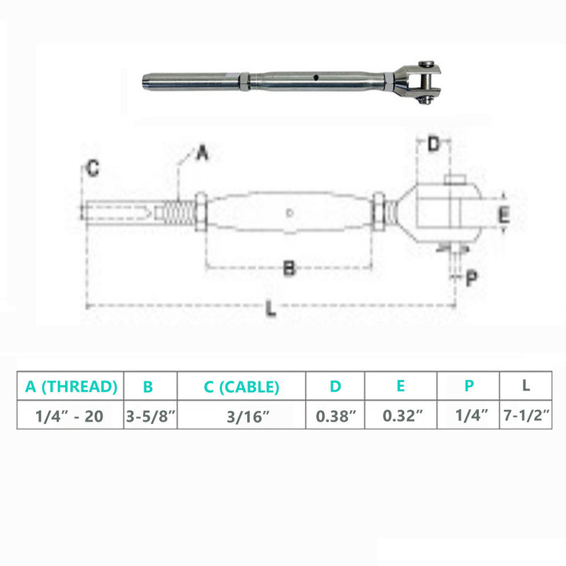 Marine Stainless Steel 1/4" Thread Fork & Hand Swage Stud Turnbuckle 3/16" Cable