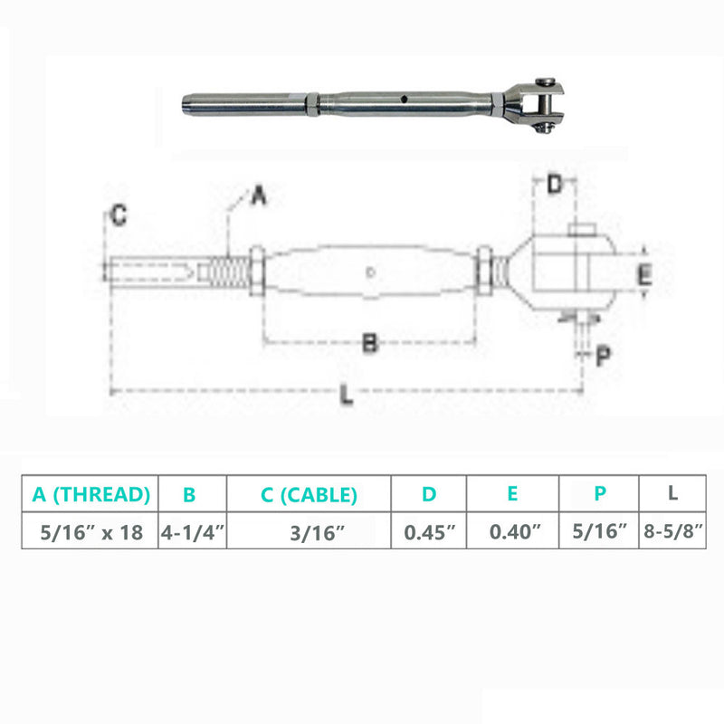 Marine Stainless Steel 5/16" Thread Fork Swage Stud Turnbuckle 3/16" Cable Wire