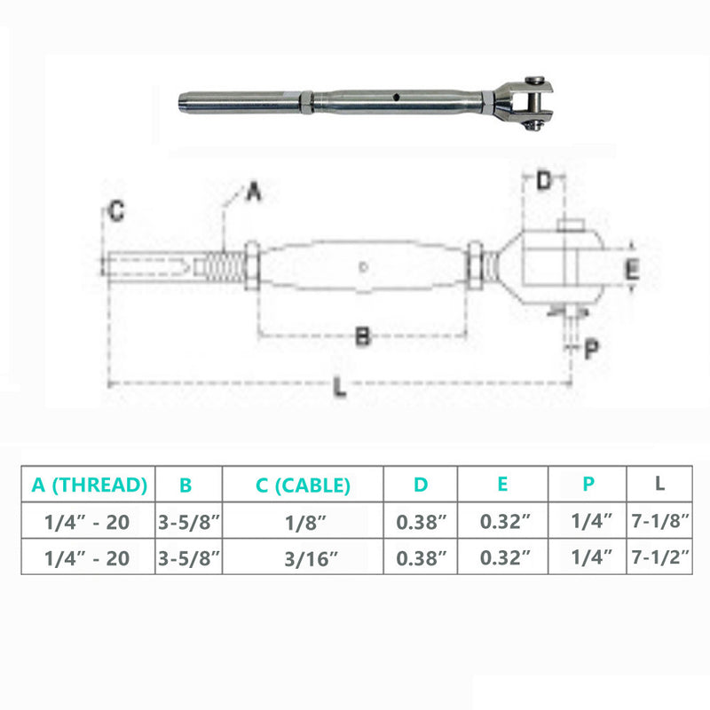 Marine Stainless Steel 1/4" Thread Fork & Hand Swage Stud Turnbuckle For 1/8", 3/16" Cable