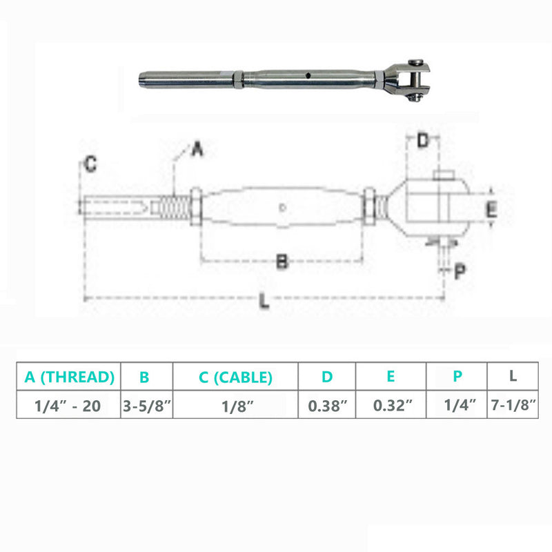 Marine Stainless Steel 1/4" Thread Fork & Hand Swage Stud Turnbuckle For 1/8", 3/16" Cable