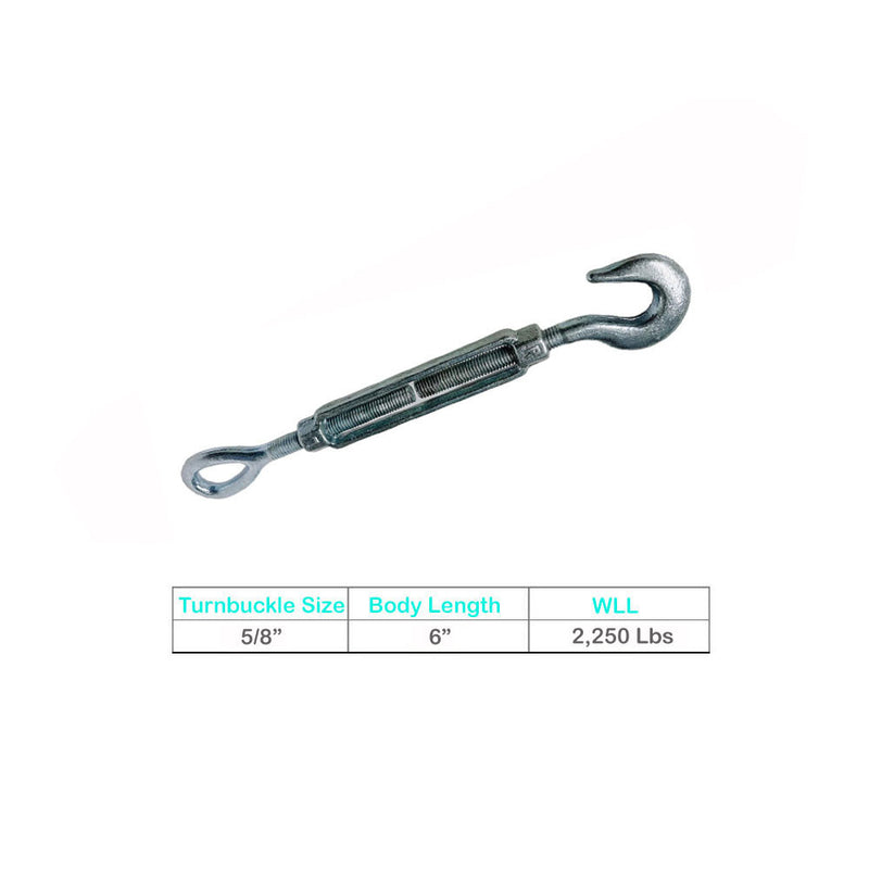 5/8" x 6" Hook Eye Galvanized Turnbuckle Drop Forged 2250Lb WLL Hook Eye Pulley