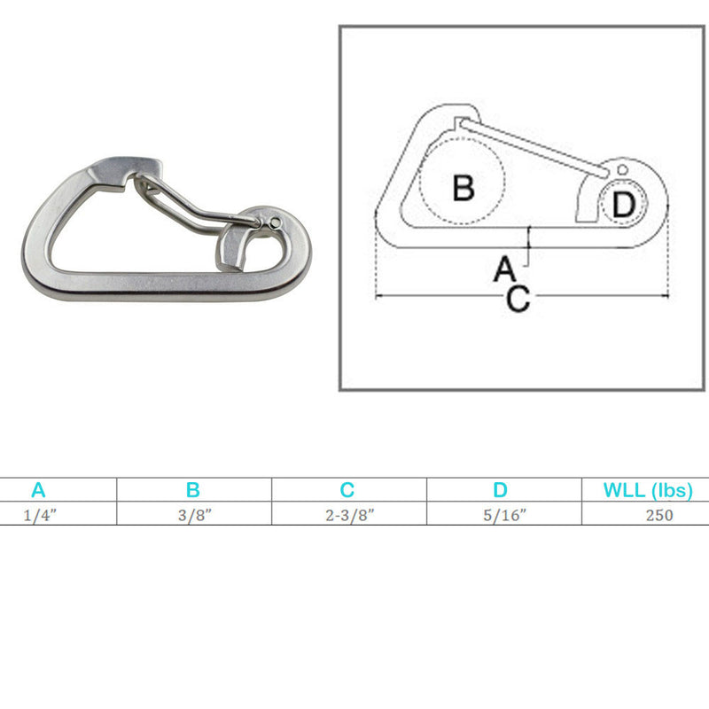 Stainless Steel T316 1/4" Harness Clip 250Lb WLL Spring Gate Snap Hook Flat Body