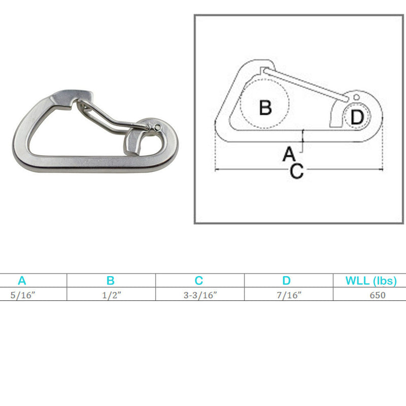 4Pc Stainless Steel 5/16" Harness Clip 650Lb WLL Spring Gate Snap Hook Flat Body