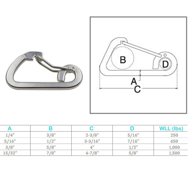 Stainless Steel T316 Harness Clip Spring Gate Snap Hook Flat Body Cara