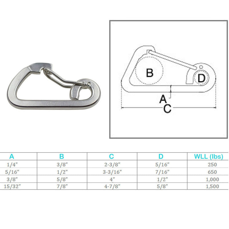 Stainless Steel T316 Harness Clip Spring Gate Snap Hook Flat Body Carabiner Hook