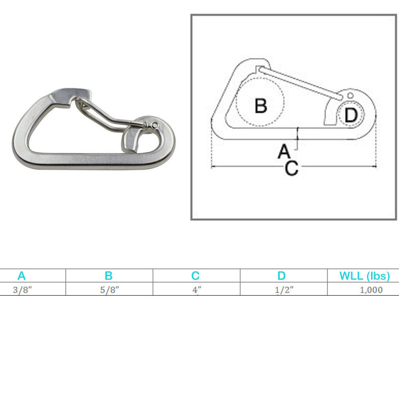 Stainless Steel T316 Harness Clip Spring Gate Snap Hook Flat Body Carabiner Hook