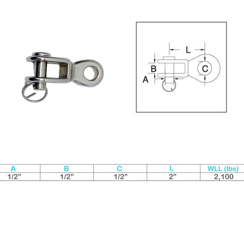 Marine Boat Stainless Steel T316 1/2" Rigging Toggle 2100 Lb WLL Lifting Rigging