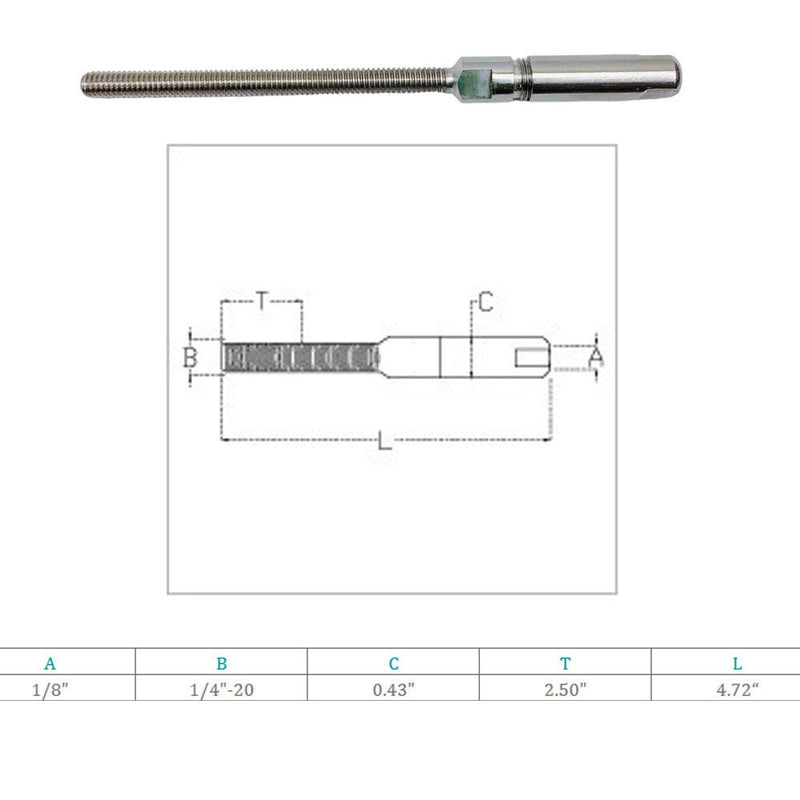 4 Pc Stainless Steel Fully Threaded 1/8" Push & Go Swageless Stud For 1/8" Cable