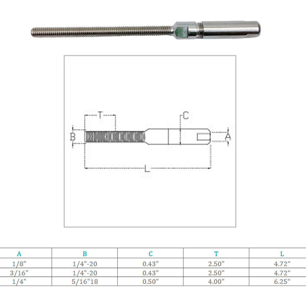 Stainless Steel T316 Fully Threaded Push & Go Swageless Stud For Cable Wire