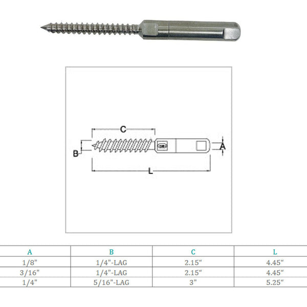 Marine Boat Stainless Steel T316 Push & Go Swageless Lag For Cable Rail