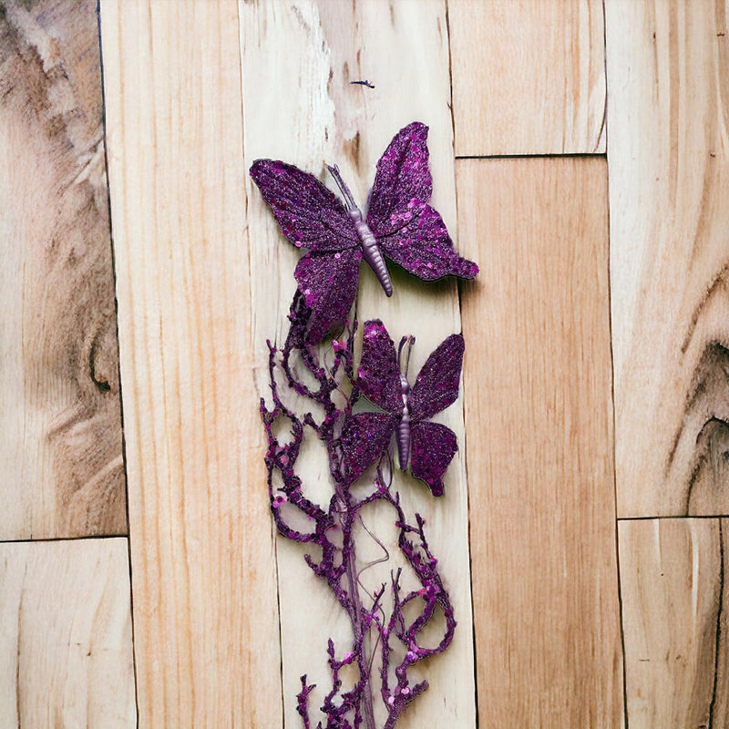 Artificial 31" Purple Glitter Butterflies Dead Twig Spray Window Insect Floral Decor Party Flower Arrangement