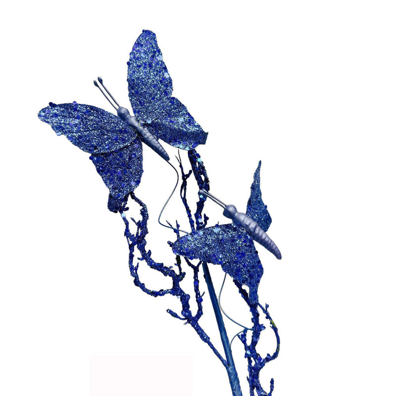 Artificial 31" Blue Glitter Butterflies Dead Twig Spray Window Insect Floral Decor Party Flower Arrangement