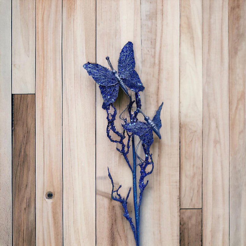 Artificial 31" Blue Glitter Butterflies Dead Twig Spray Window Insect Floral Decor Party Flower Arrangement