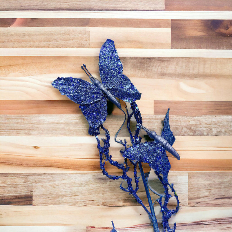 Artificial 31" Blue Glitter Butterflies Dead Twig Spray Window Insect Floral Decor Party Flower Arrangement