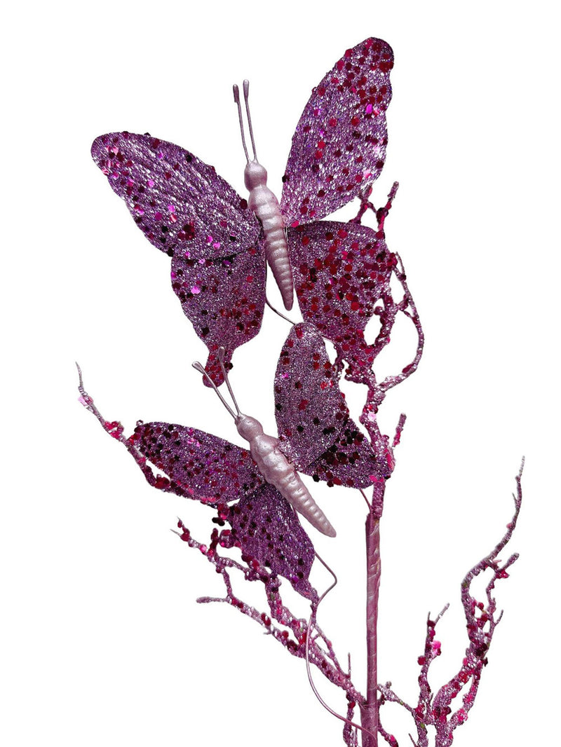 Artificial 31" Lavender Glitter Butterflies Dead Twig Spray Window Insect Floral Decor Party Flower Arrangement