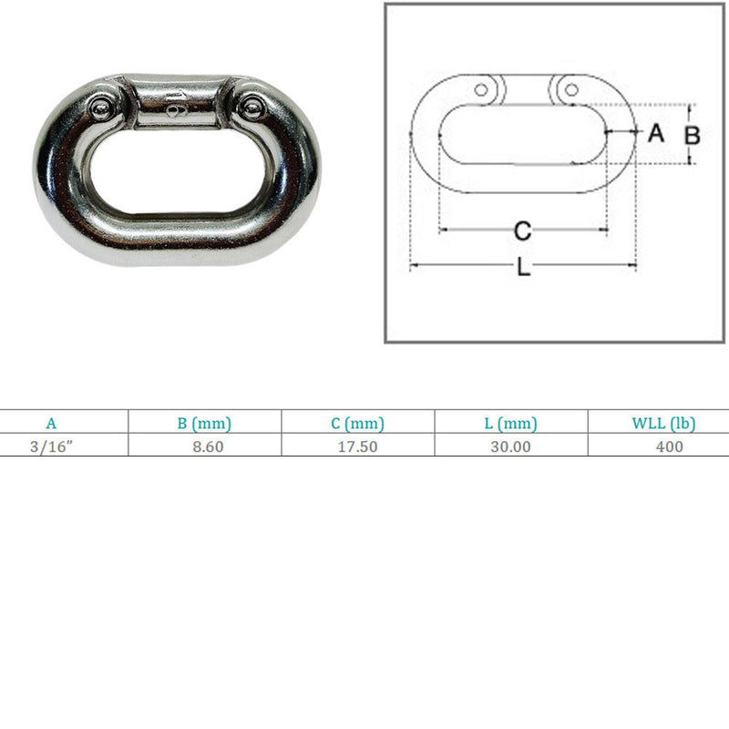 4 Pc Marine Stainless Steel T316 3/16" Connecting Link 400 Lb WLL Connector Link