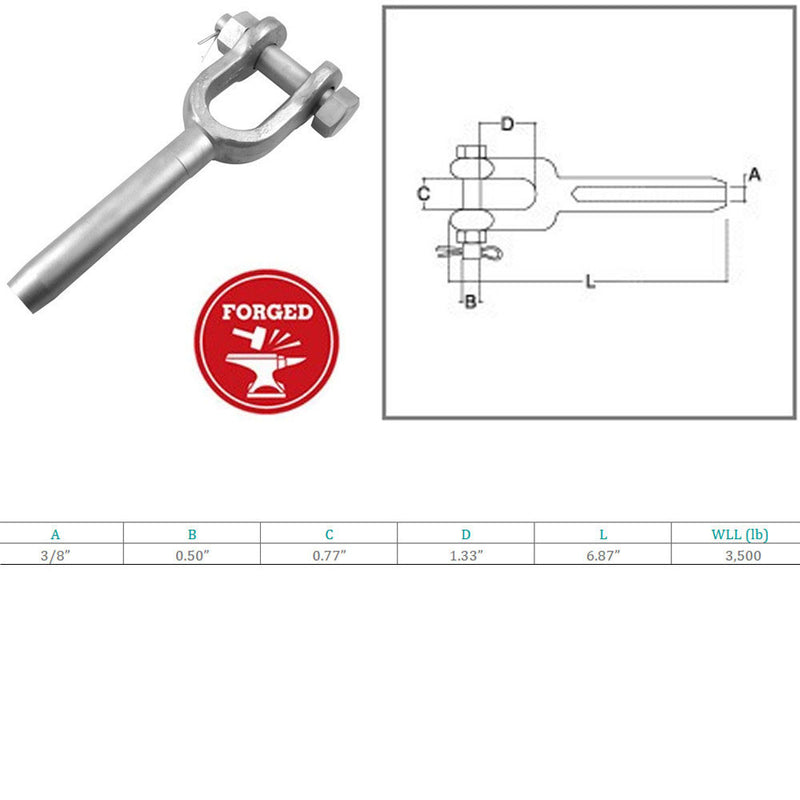 Marine Boat Stainless Steel T316 3/8" Drop Forged Swage Jaw 3500 Lbs WLL Cable