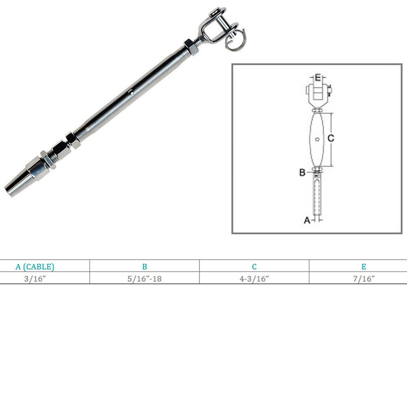 Stainless Steel T316 3/16" Cable Jaw Swageless Turnbuckle 5/16" Pipe Turnbuckle